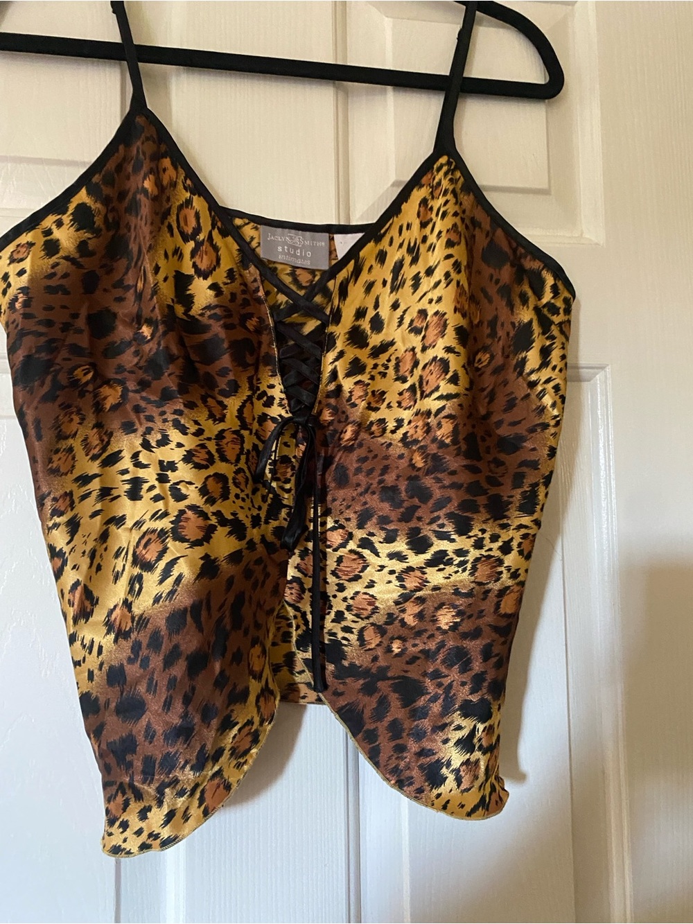 Leopard-Print Satin Lace-Up Cami in Brown/Gold layering feminine Vintage